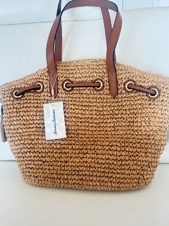 NWT TOMMY BAHAMA STRAW WOVEN TOTE SHOULDER BAG NATURAL BROWN - Picture 2 of 6